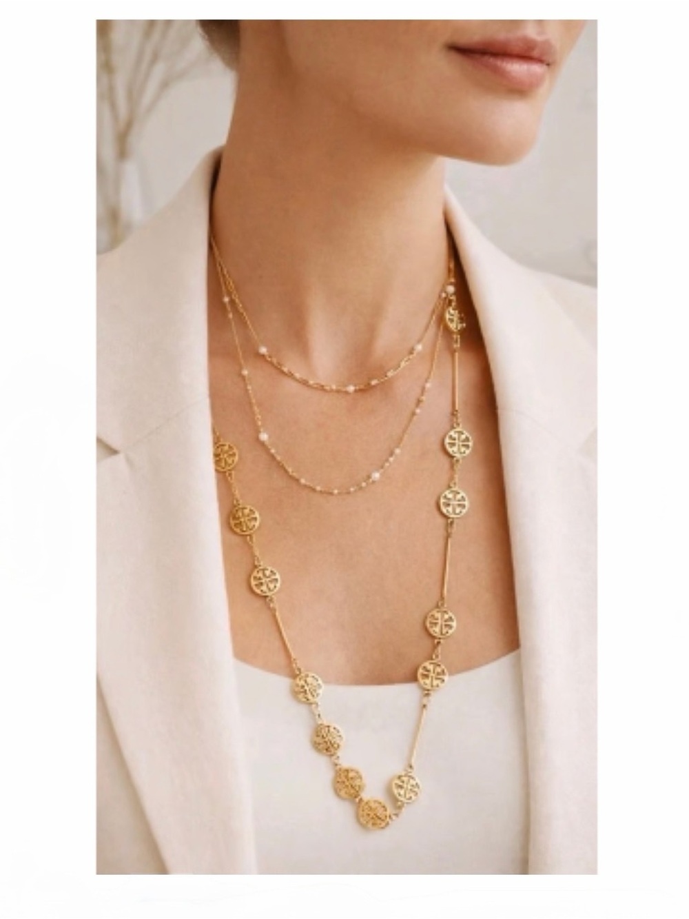 Tory Burch Rosary Logo Station Long Necklace (gold tone).